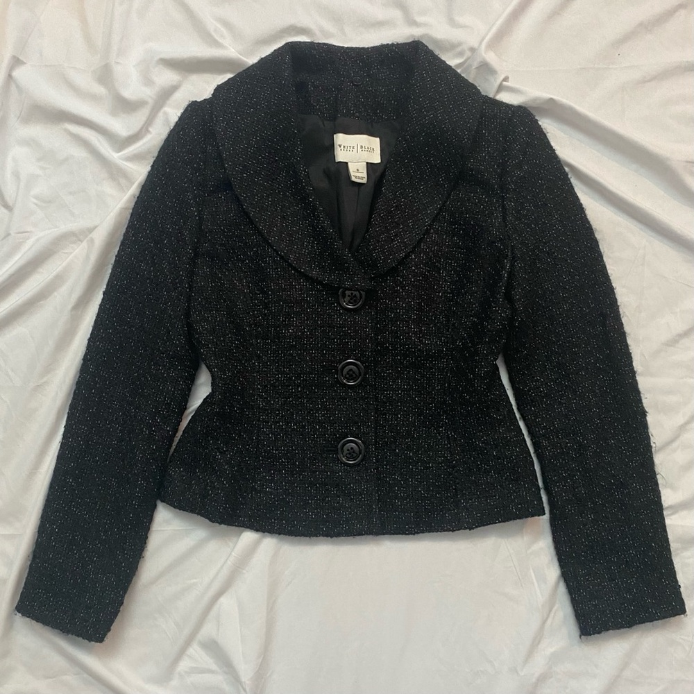 WHBM Black Tweed Women's Blazer Jacket, Preppy Office Chic City Girl